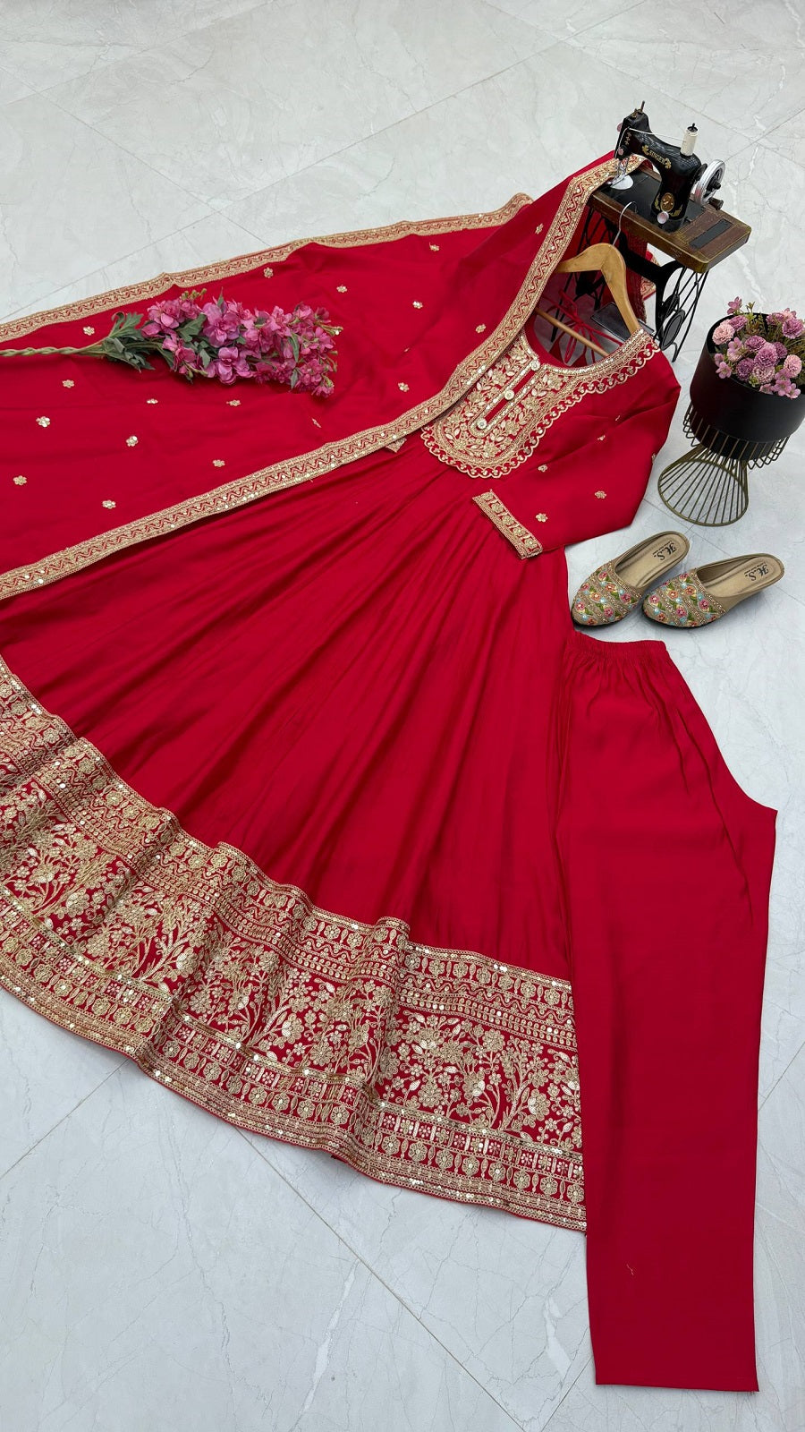 Designer Wedding Wear Flared Heavy Embroidered Anarkali Kurta Pant Set with Dupatta