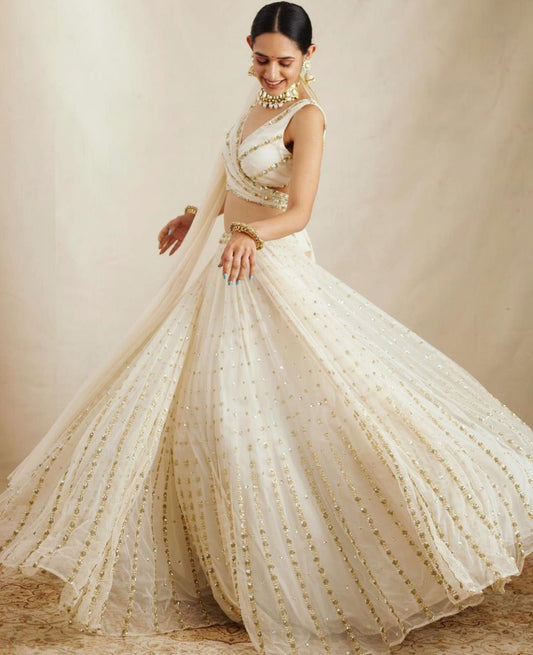 Off White Designer Embroidary And Sequence Worked Lehenga Choli