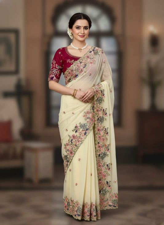 Womens New Elegant Cream Chiffon Saree with Multi-Color Floral Embroidery and Contrast Maroon Blouse