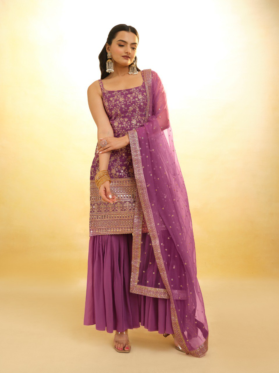 Onion Pink Colour Georgette Embroidered Sharara Suit