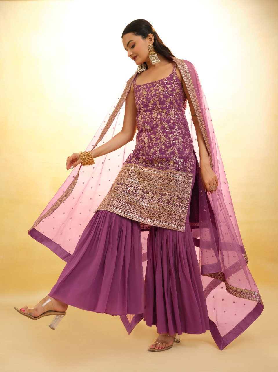 Onion Pink Colour Georgette Embroidered Sharara Suit