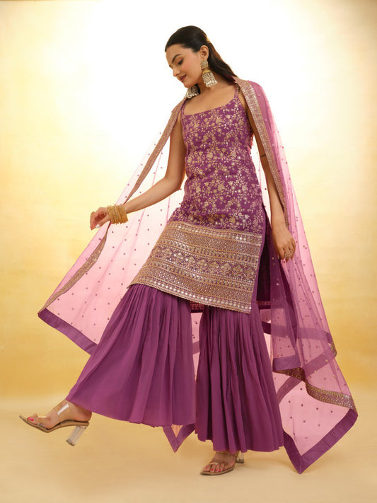 Onion Pink Colour Georgette Embroidered Sharara Suit