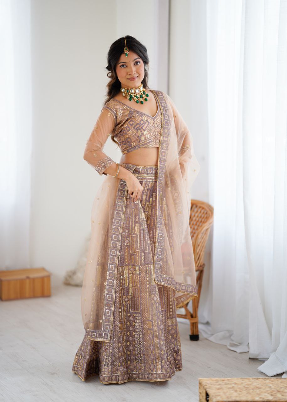Soft Butterfly Net Peach Colour Wedding Wear Lehenga Choli