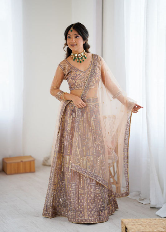 Soft Butterfly Net Peach Colour Wedding Wear Lehenga Choli