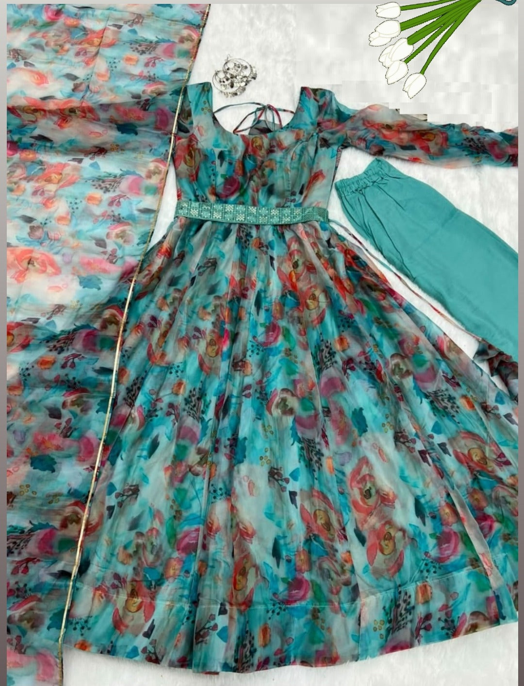 Pure Organza Silk Printed Readymade Anarkali Gown with Pant Dupatta