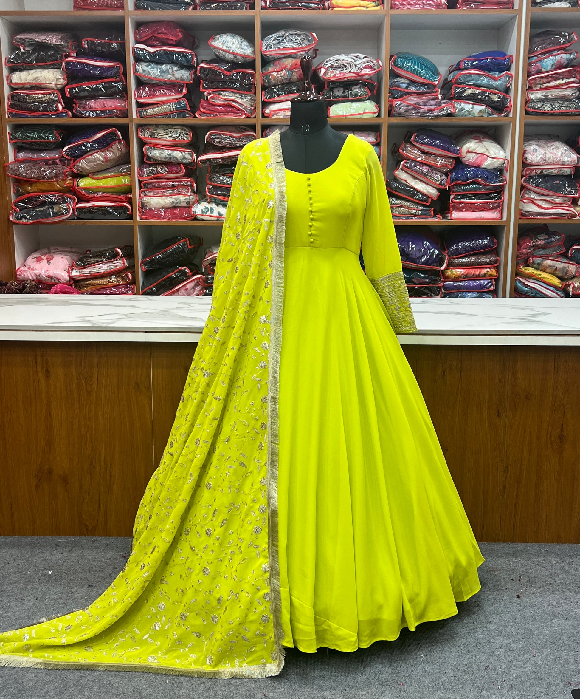 Parrot Green Color Georgette Gown with Work Dupatta Lehenga Closet Parrot Green Color Georgette Gown with Work Dupatta Lehenga Closet