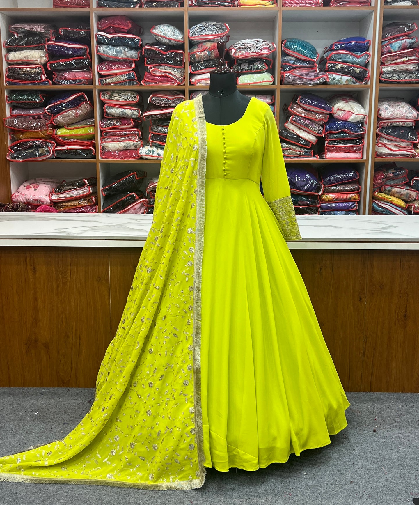 Parrot Green Color Georgette Gown with Work Dupatta