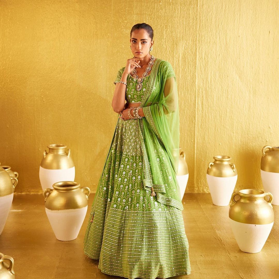 Parrot Green Banglori Silk Embroidary And Sequence Worked Lehenga Choli