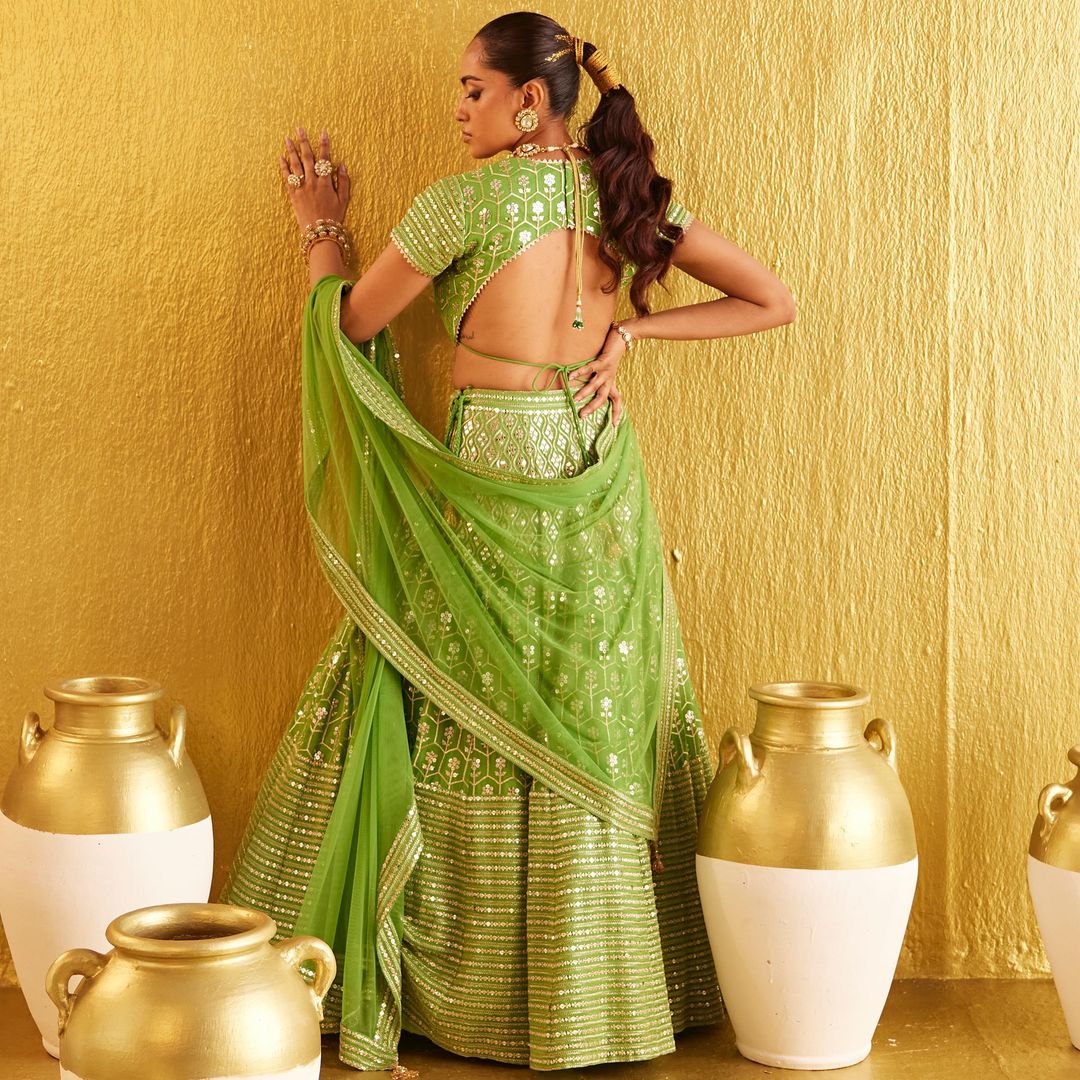 Parrot Green Banglori Silk Embroidary And Sequence Worked Lehenga Choli