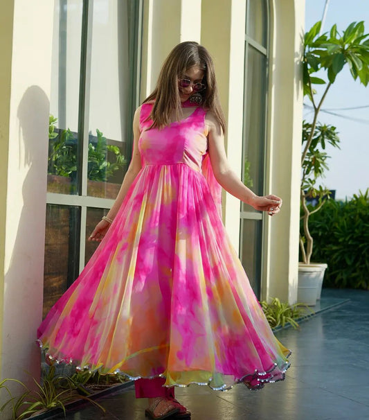 Party Wear Organza Silk Printed Readymade Anarkali Gown