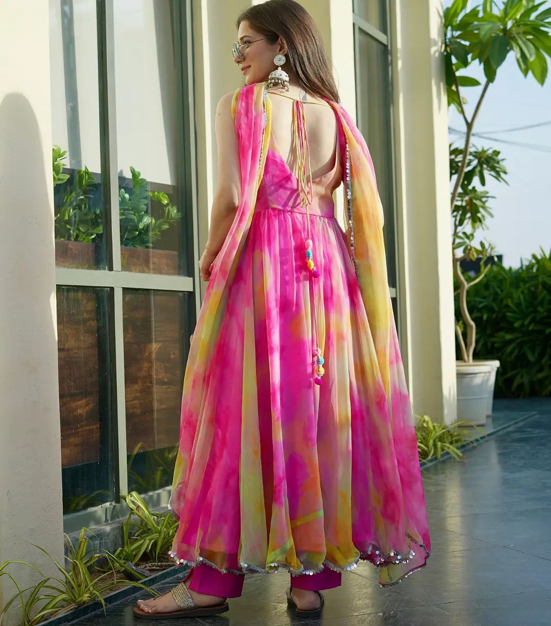 Party Wear Organza Silk Printed Readymade Anarkali Gown