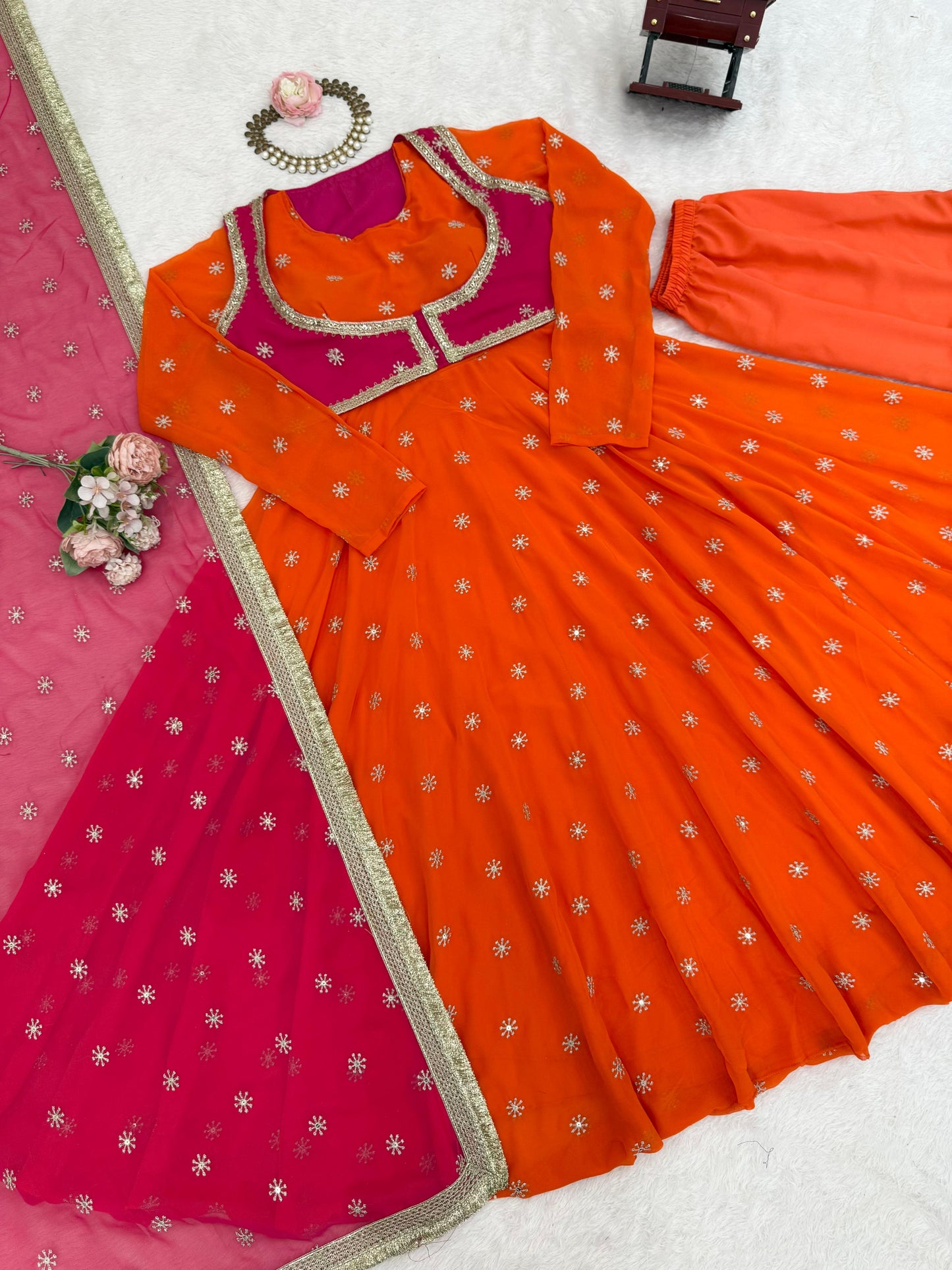 Orange Faux Georgette Anarkali Gown with Dupatta