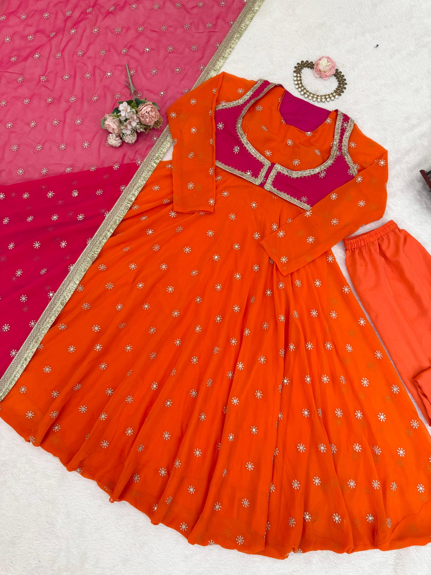 Orange Faux Georgette Anarkali Gown with Dupatta