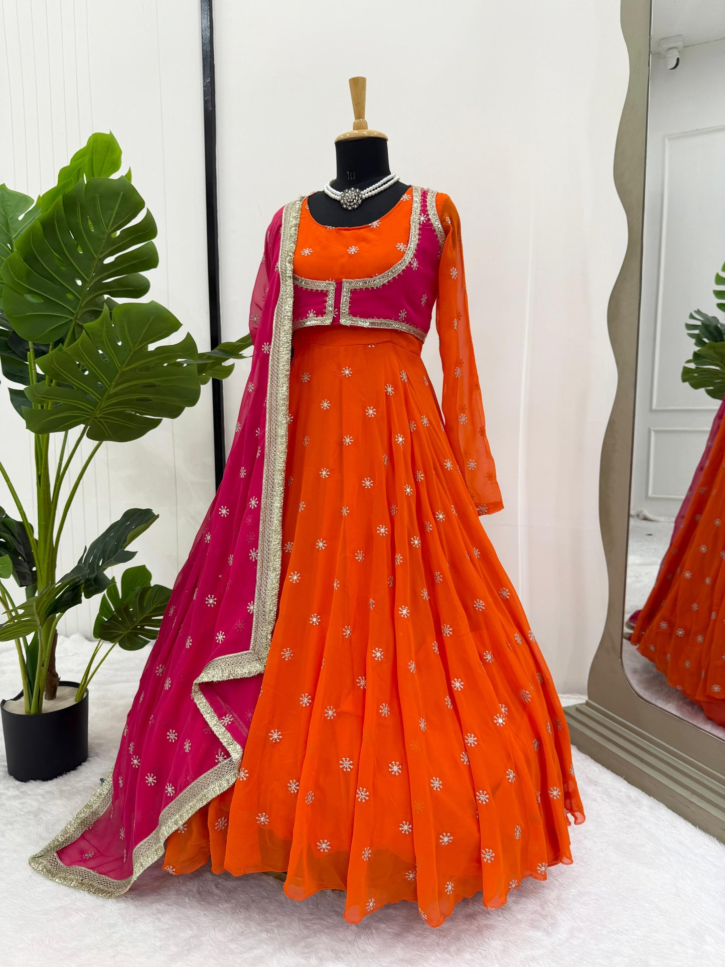 Orange Faux Georgette Anarkali Gown with Dupatta