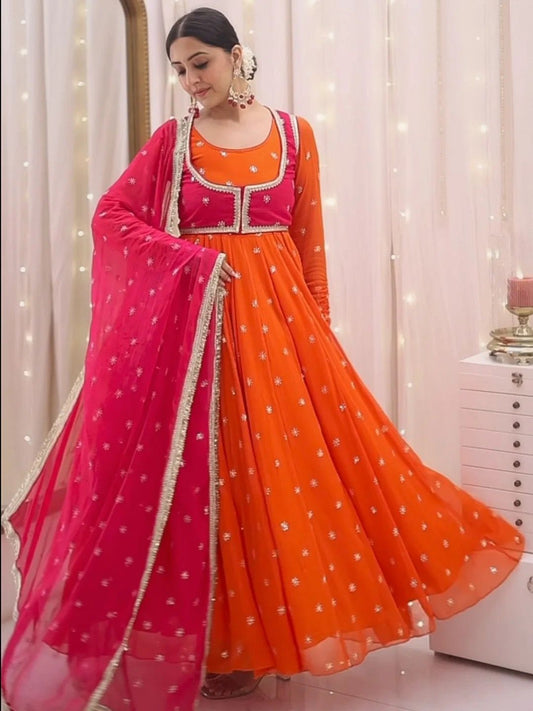Orange Faux Georgette Anarkali Gown with Dupatta