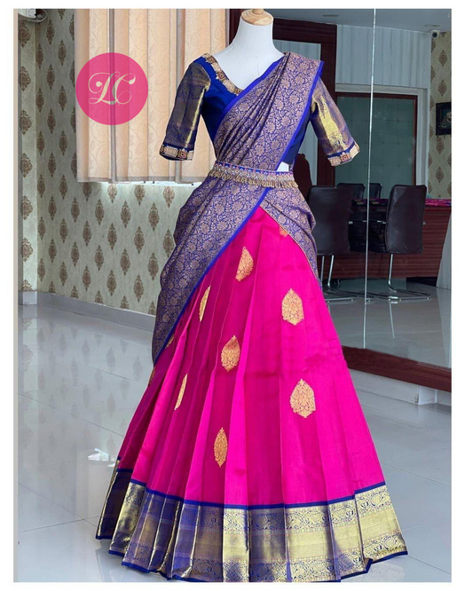 Rani Pink With Contrast Blouse Kanjivaram Silk Lehenga Choli