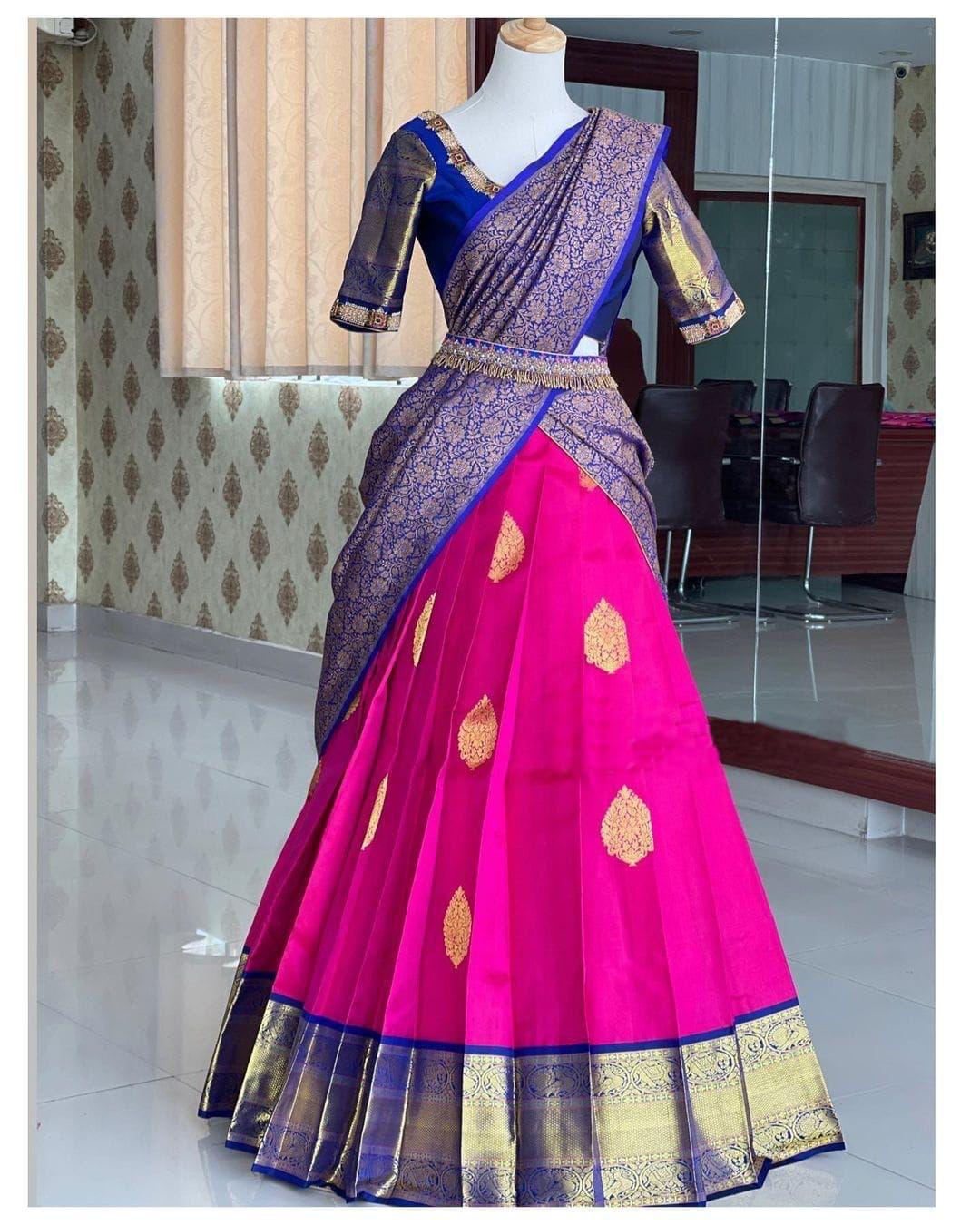 Rani Pink With Contrast Blouse Kanjivaram Silk Lehenga Choli