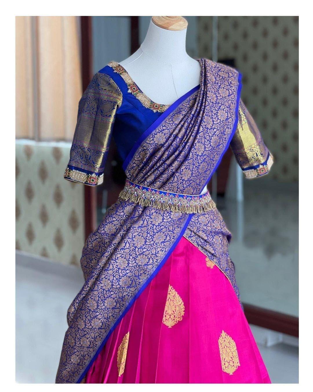 Rani Pink With Contrast Blouse Kanjivaram Silk Lehenga Choli