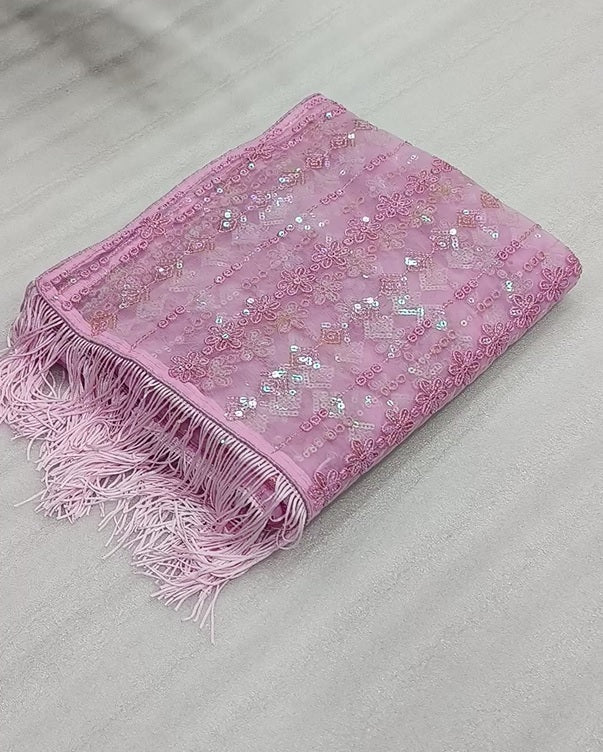 Pink Soft Net Sequence Work Fancy Designer Saree With Embroidered Blouse