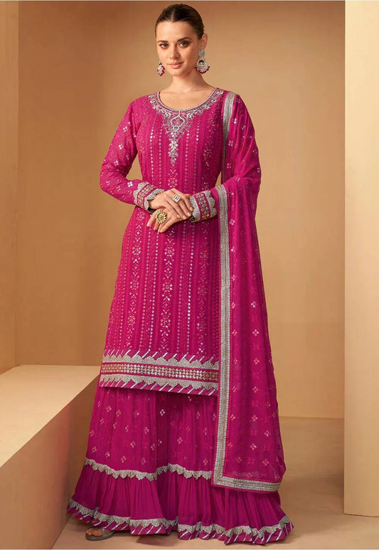 Awesome Pink Color Georgette Cotton Thread Work Semi Stitched Dress For Women