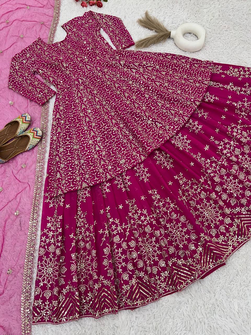 Rani Pink Georgette Jari Embroidered Lehenga With Top