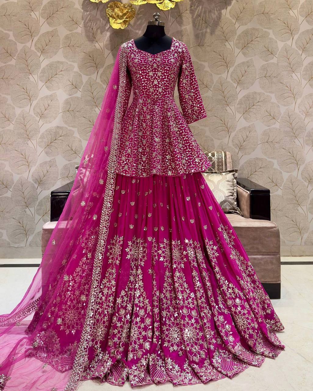 Rani Pink Georgette Jari Embroidered Lehenga With Top