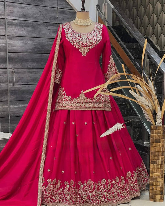 Wedding Wear Chinon Silk Lehenga Top With Dupatta