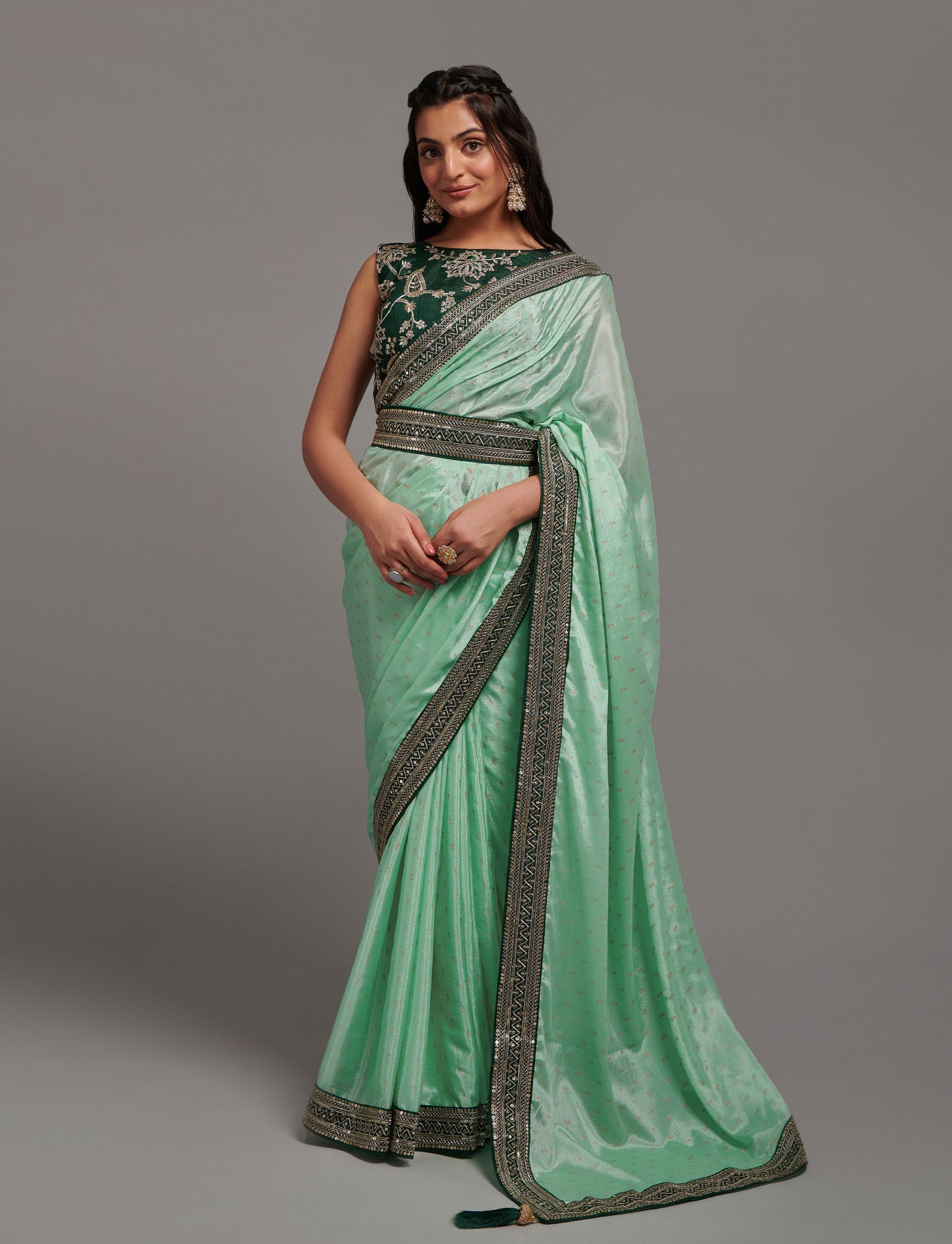 Designer Chinon Silk Print and Border Work Saree Blouse