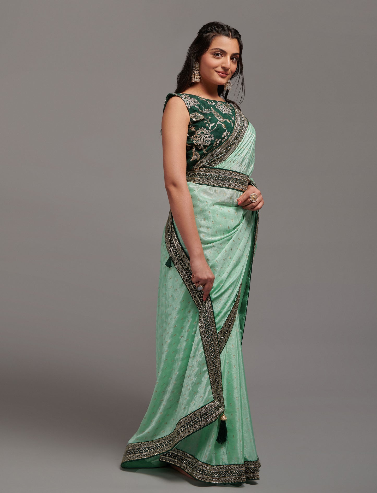 Designer Chinon Silk Print and Border Work Saree Blouse
