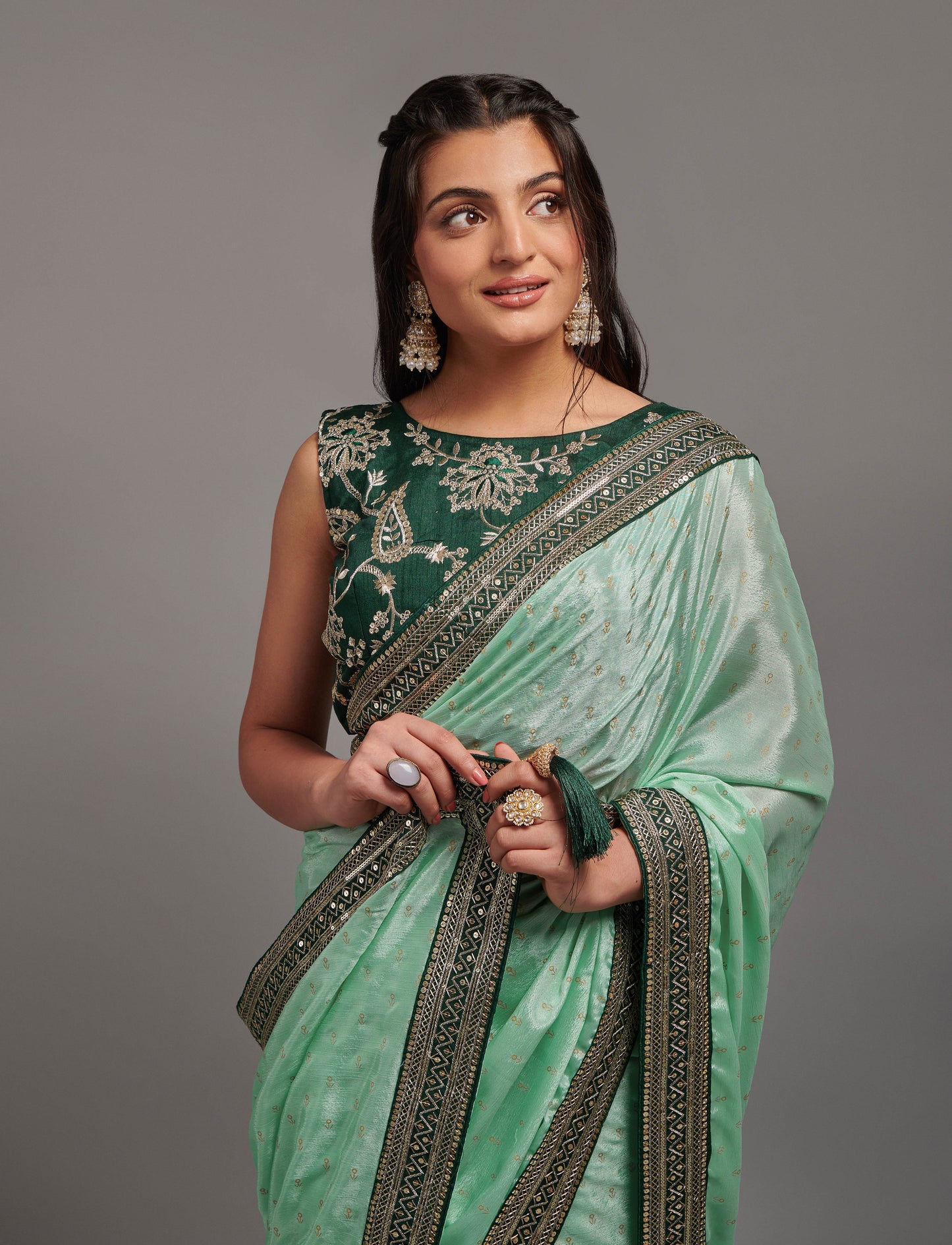 Designer Chinon Silk Print and Border Work Saree Blouse