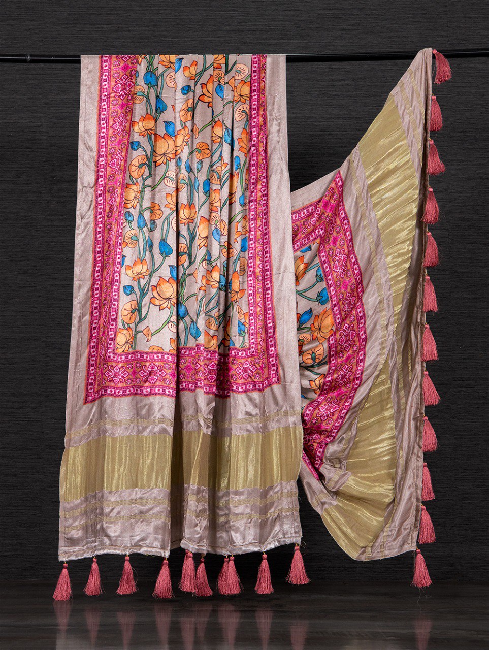 Pure Gaji Silk Dupatta with Vibrant Digital Prints & Decorative Tassels