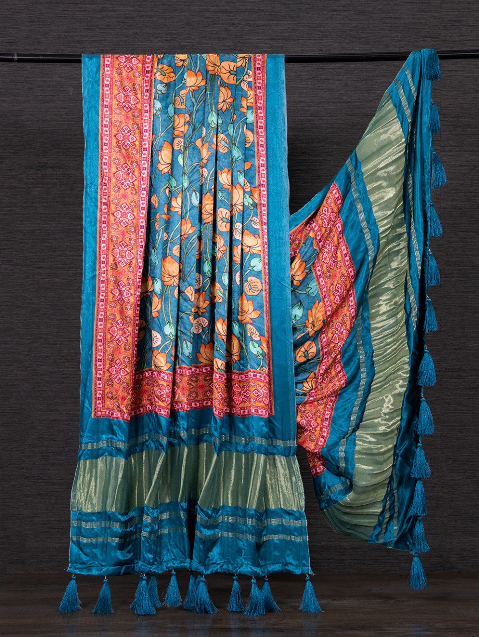 Pure Gaji Silk Dupatta with Vibrant Digital Prints & Decorative Tassels