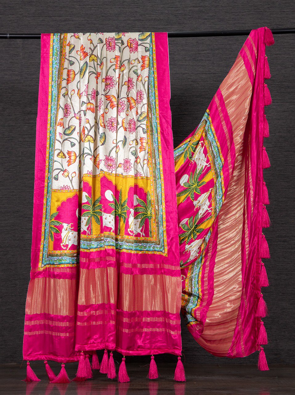Pure Gaji Silk Dupatta with Vibrant Digital Prints & Decorative Tassels