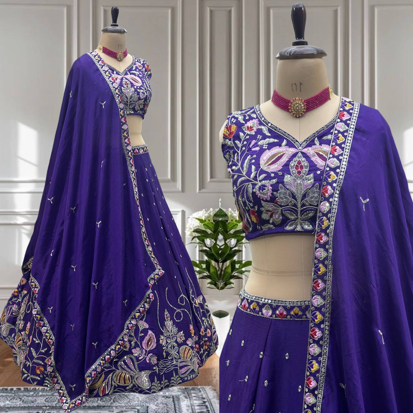 Purple Chinon Silk  Embroidery Sequence Thread Work Lehenga Choli