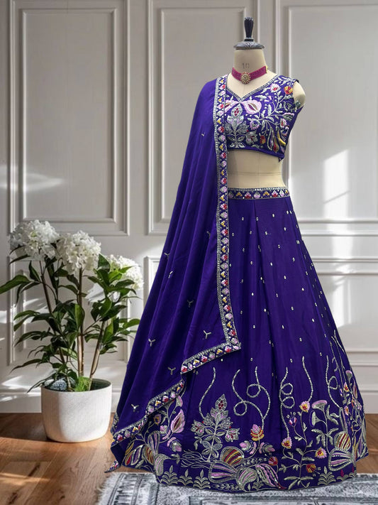 Purple Chinon Silk  Embroidery Sequence Thread Work Lehenga Choli