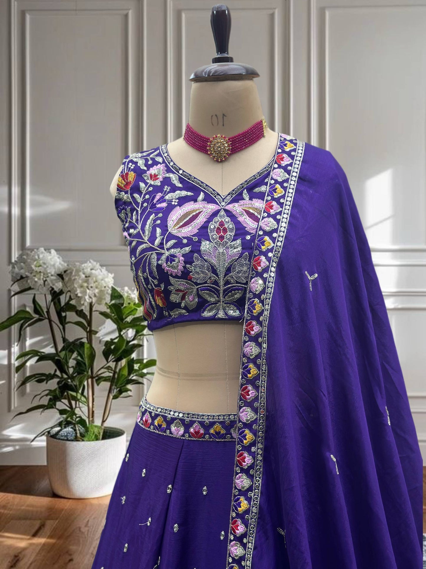 Purple Chinon Silk  Embroidery Sequence Thread Work Lehenga Choli