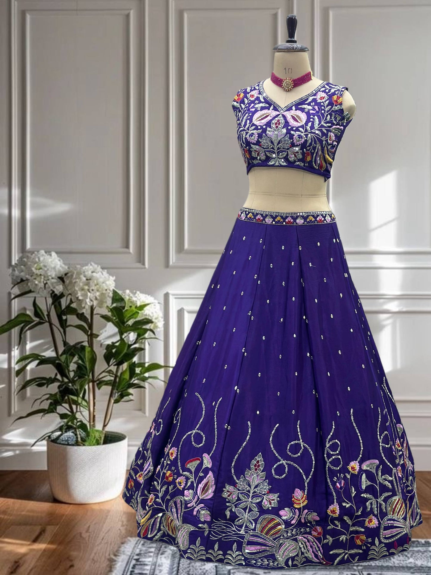 Purple Chinon Silk  Embroidery Sequence Thread Work Lehenga Choli