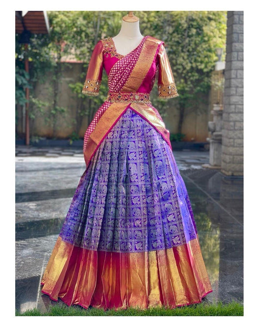 Purple Kanjiveram Silk Zari Half Saree Lehanga