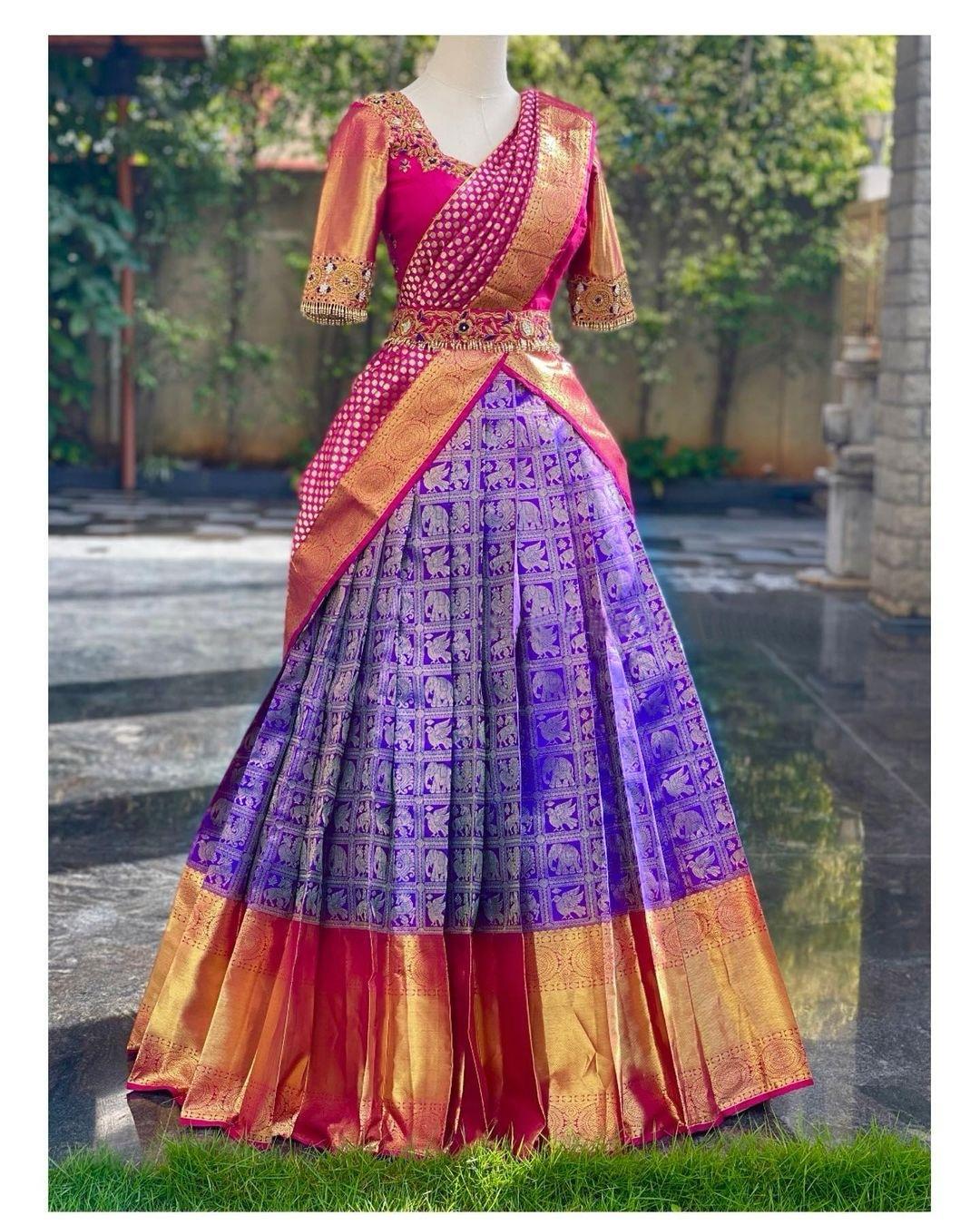 Purple Kanjiveram Silk Zari Half Saree Lehanga