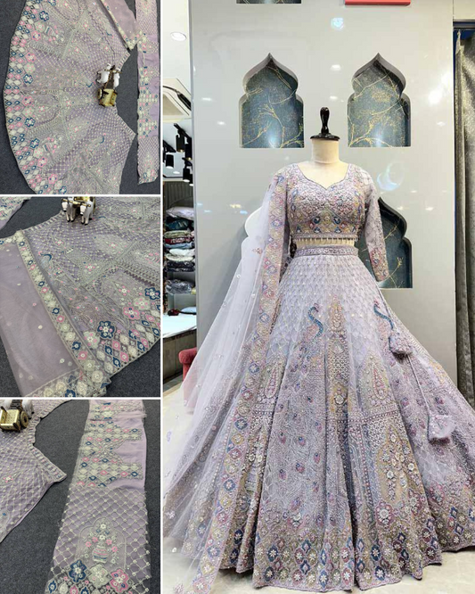Light Purple Soft Net  Embroidered Sequins Work Lehenga Choli With Dupatta