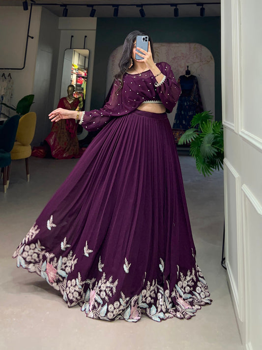Fully Stitched Wine  Sequins thread Embroidery Work Western Lehenga Choli