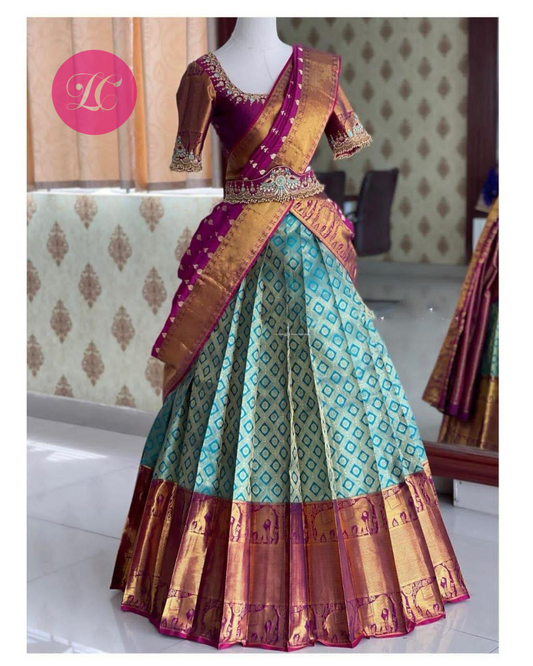 Light Rama Colour Kanjiveram Silk Lehenga Choli With Contrast Blouse