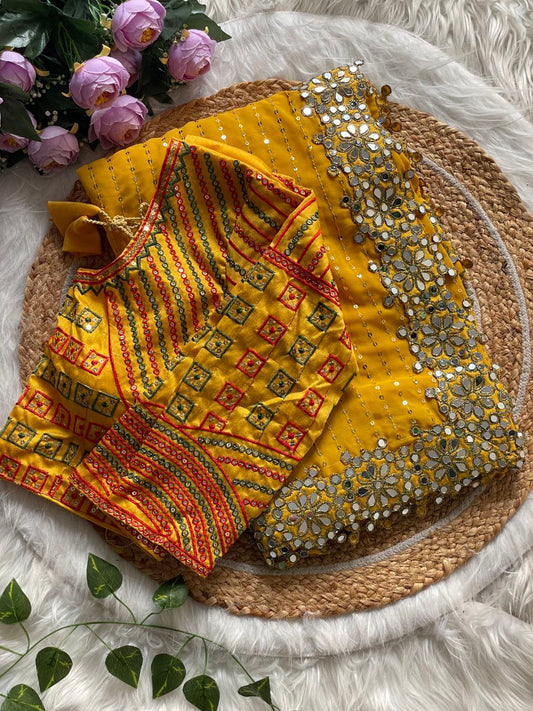 Stitched Blouse With Faux Georgette Saree With Mirror Lace & Sequins Work