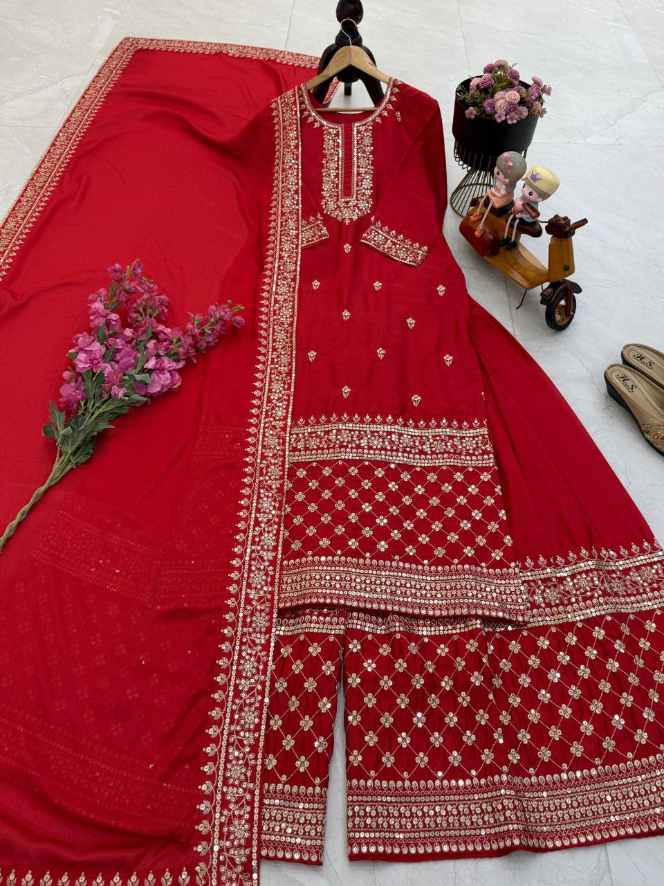 Wedding Wear Red Colour Embroidery & Sequence Work Sharara Suit