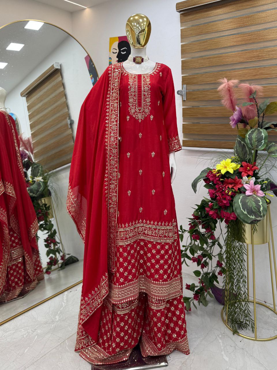 Wedding Wear Red Colour Embroidery & Sequence Work Sharara Suit