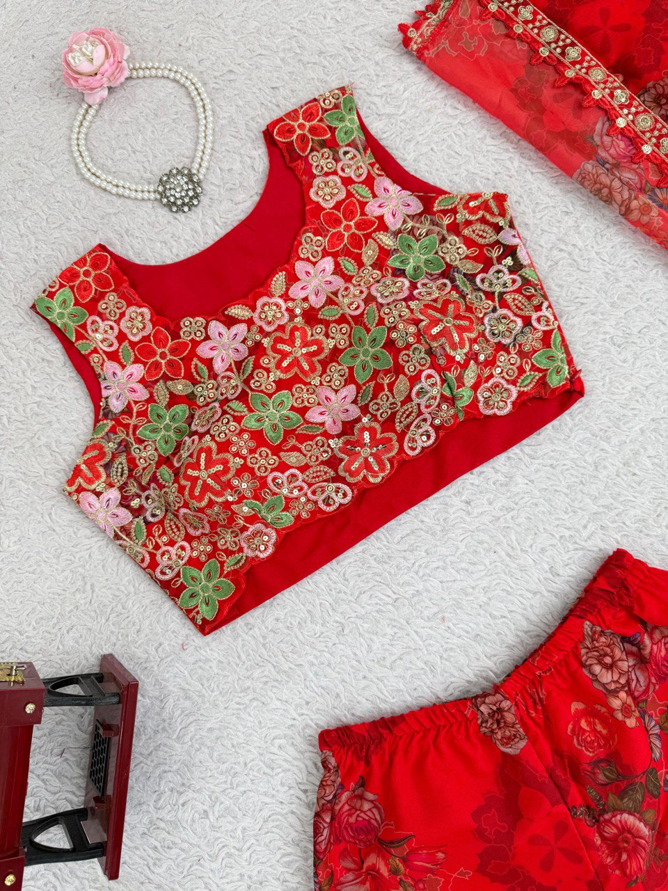 Red Bloom Floral Tubby Silk Thread with Sequence Work and Digital Print Set