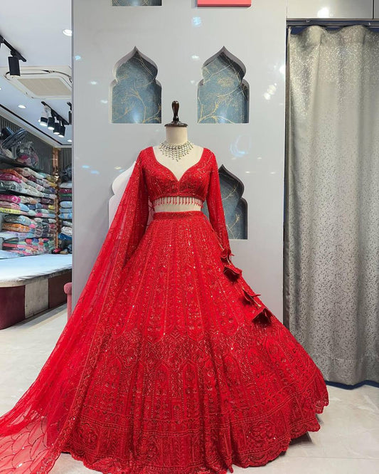 Red Designer Soft Net Wedding Wear Lehenga Choli For Women