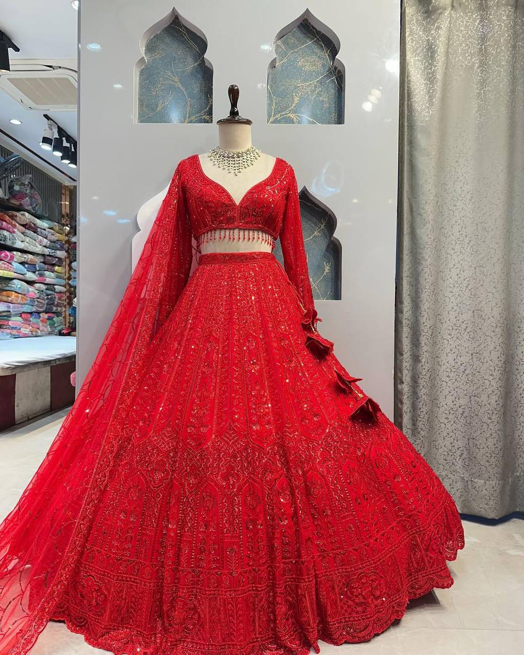 Red Designer Soft Net Wedding Wear Lehenga Choli For Women