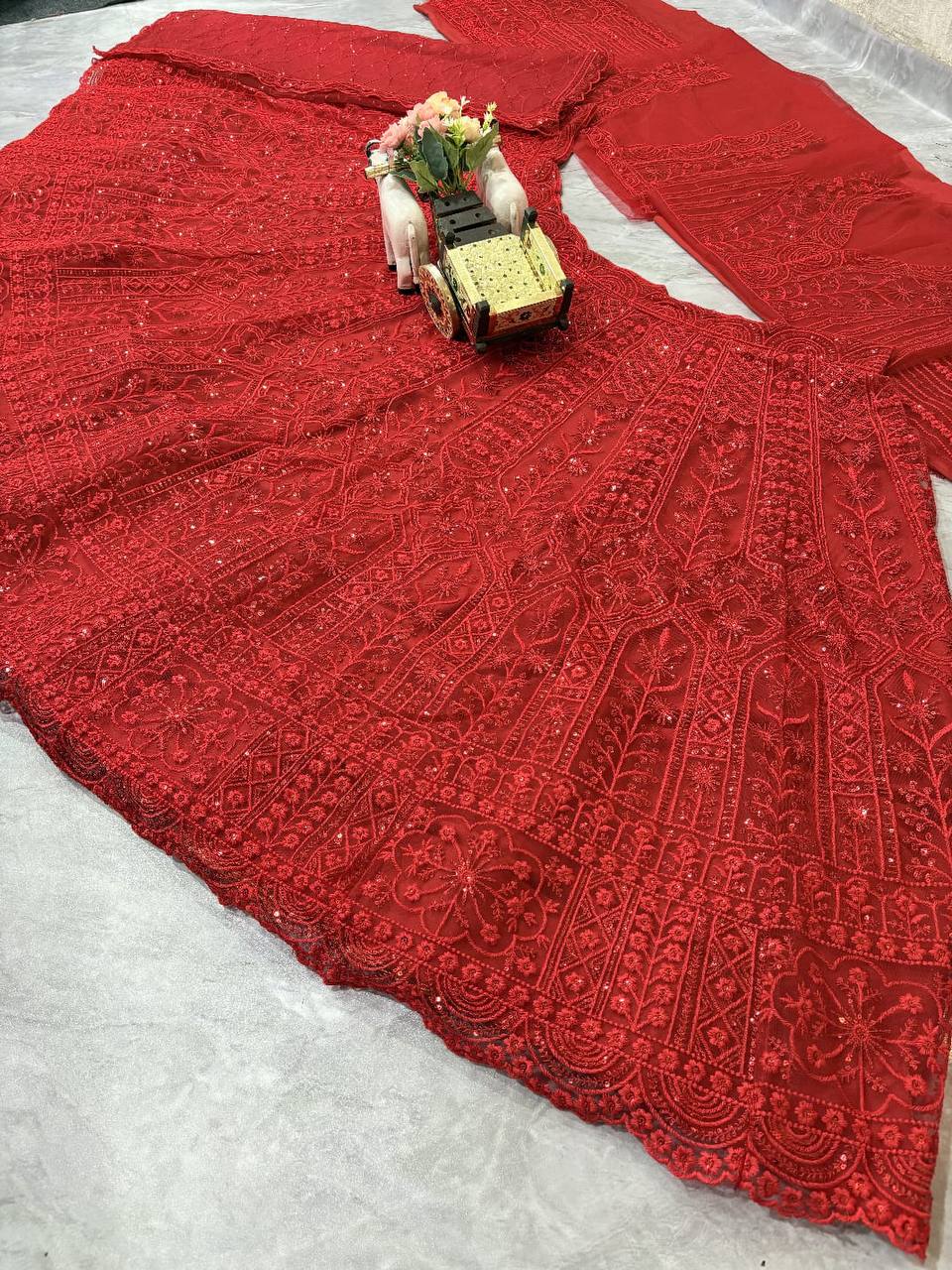 Red Designer Soft Net Wedding Wear Lehenga Choli For Women