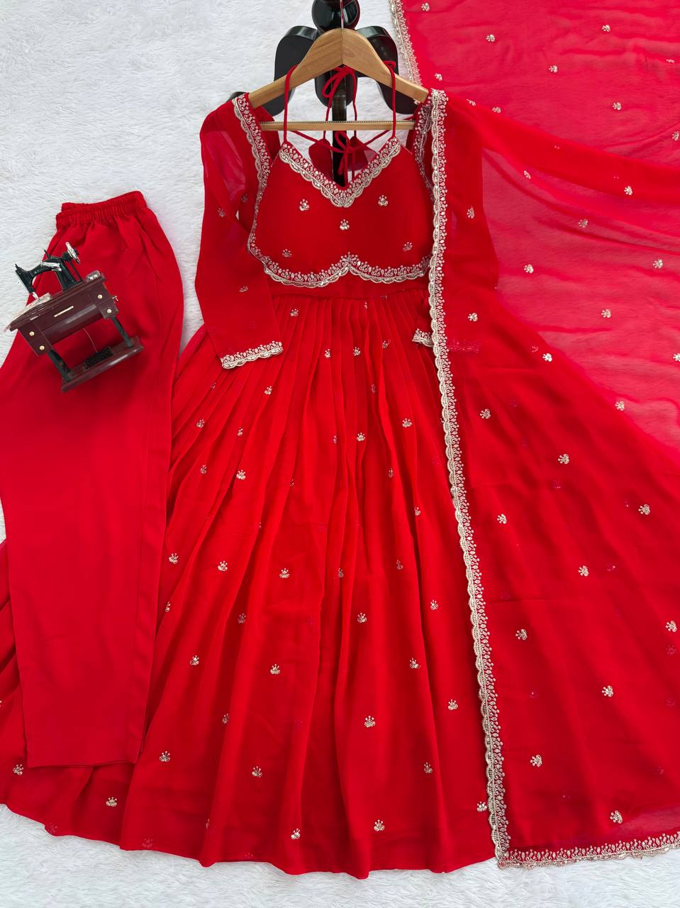 Occasion Wear Red Anarkali Suit with 4-Meter Flair Fully Stiched